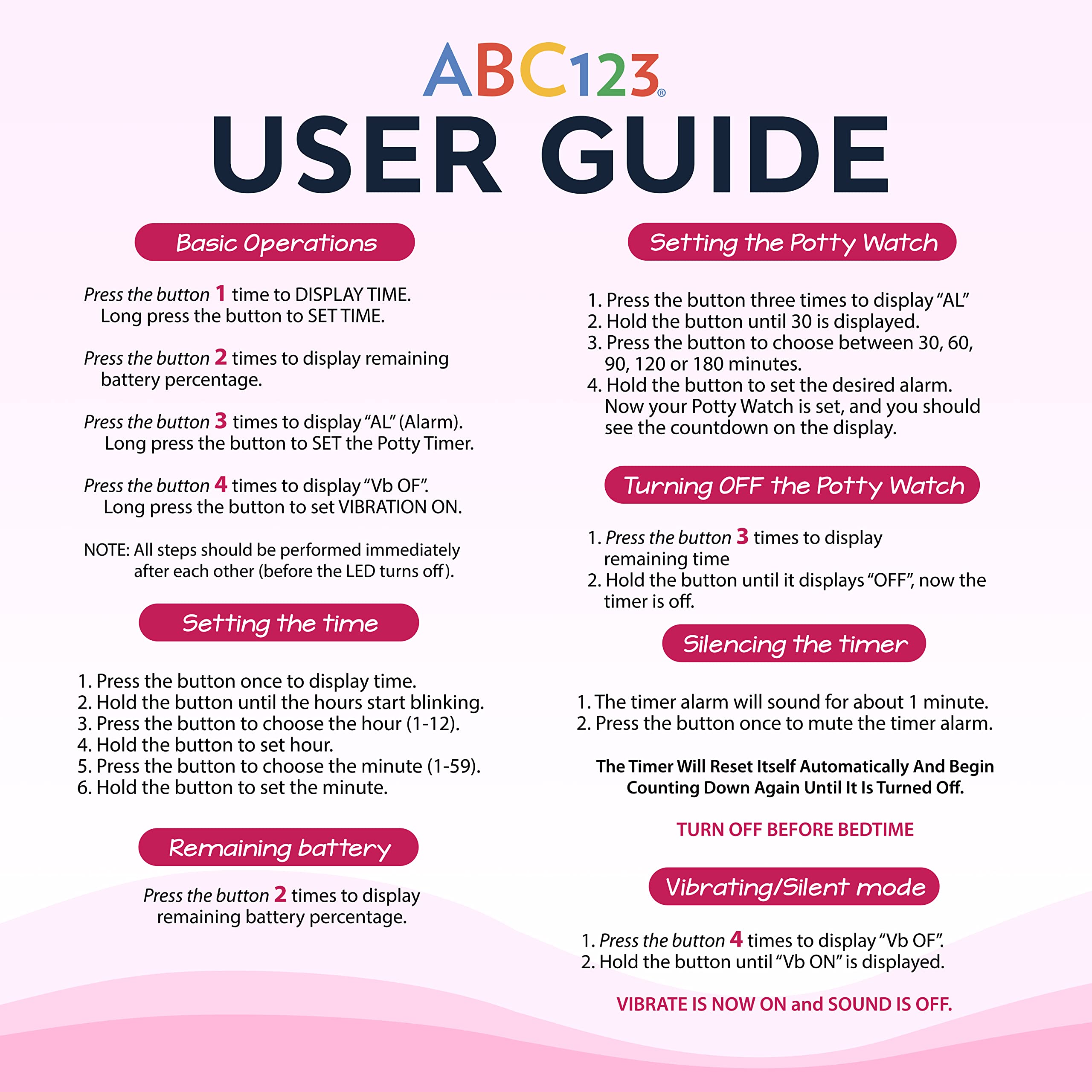 ABC123 Potty Training Watch 3 (2023 Edition) - Baby Reminder Water Resistant Timer for Toilet Training Kids & Toddler with Wireless Charging (Pink)