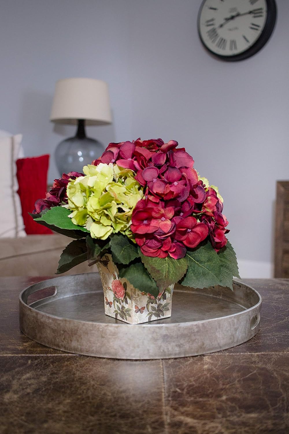 Amazon Com Nearly Natural 11in Mini Green Burgundy Hydrangea Silk Arrangements 12x12x11 Green Burgundy Furniture Decor