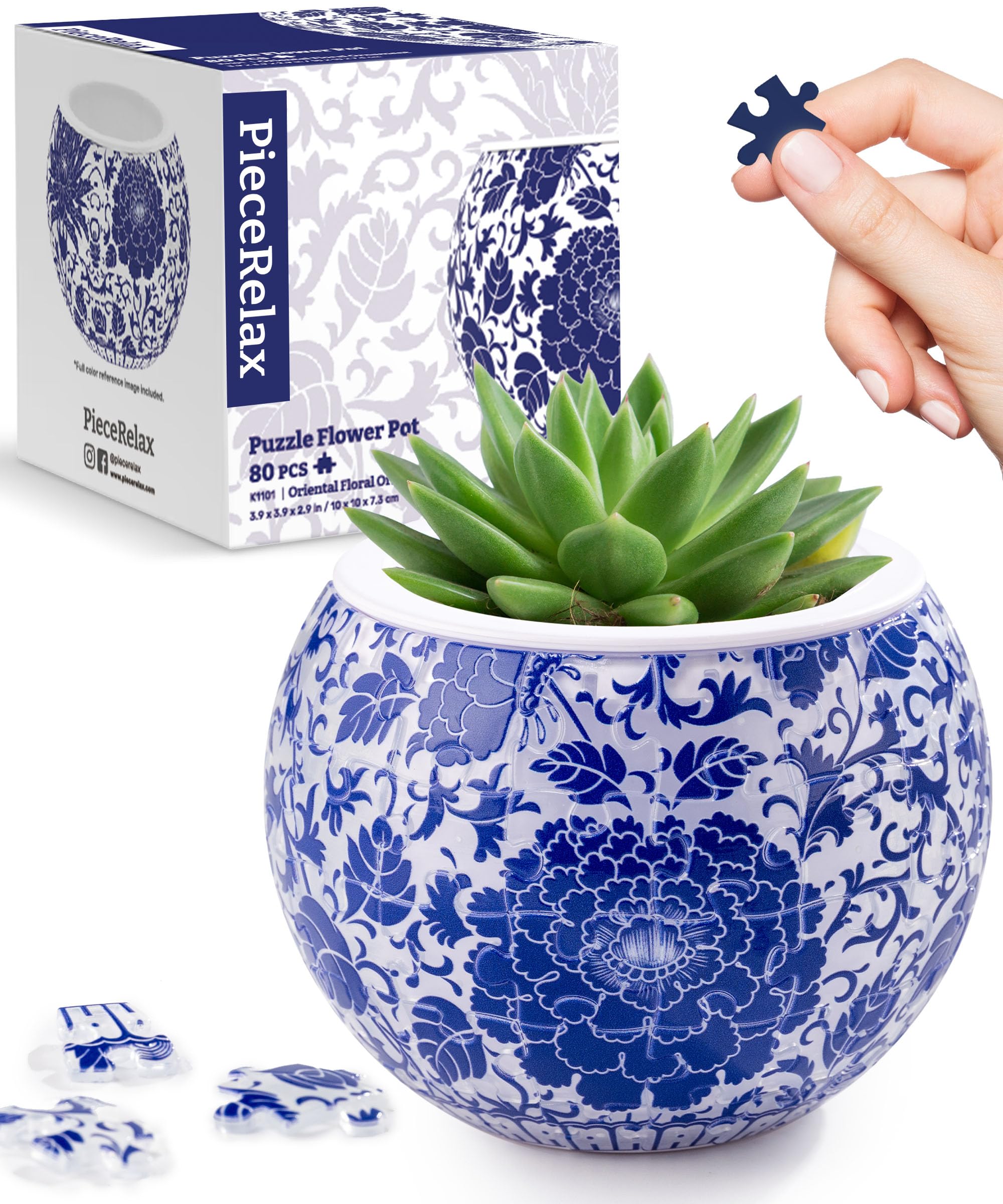 PieceRelax 3D Puzzle Planter - Oriental Floral Ornament - Small Round Plant Pots with Drainage, Home Decor Flower Pots for Indoor Cactus, Succulents Pots [K1101] — image 1