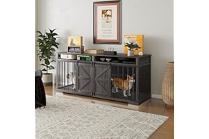 Aoowow Large Double Dog Crate Furniture 72.4" Indoor Dog Kennel with Sliding Barn Door and Divider,Heavy Duty Dog Crate Wooden TV Stand Dog Cage with 2 Open Shelves for Small Medium Large Dogs,Grey