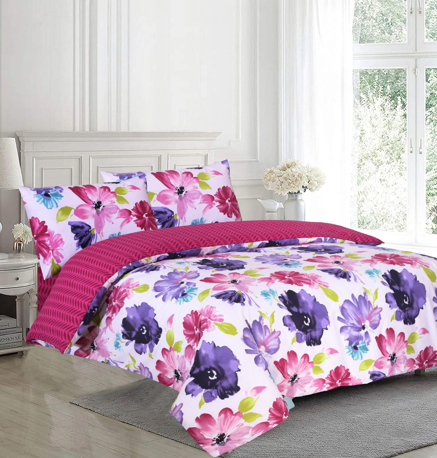 ZIMEL HOMES Fleur Duvet Cover Set with Pillow Cases and Matching Fitted Sheet Duvet Set Cotton Blend (Walton, Double)