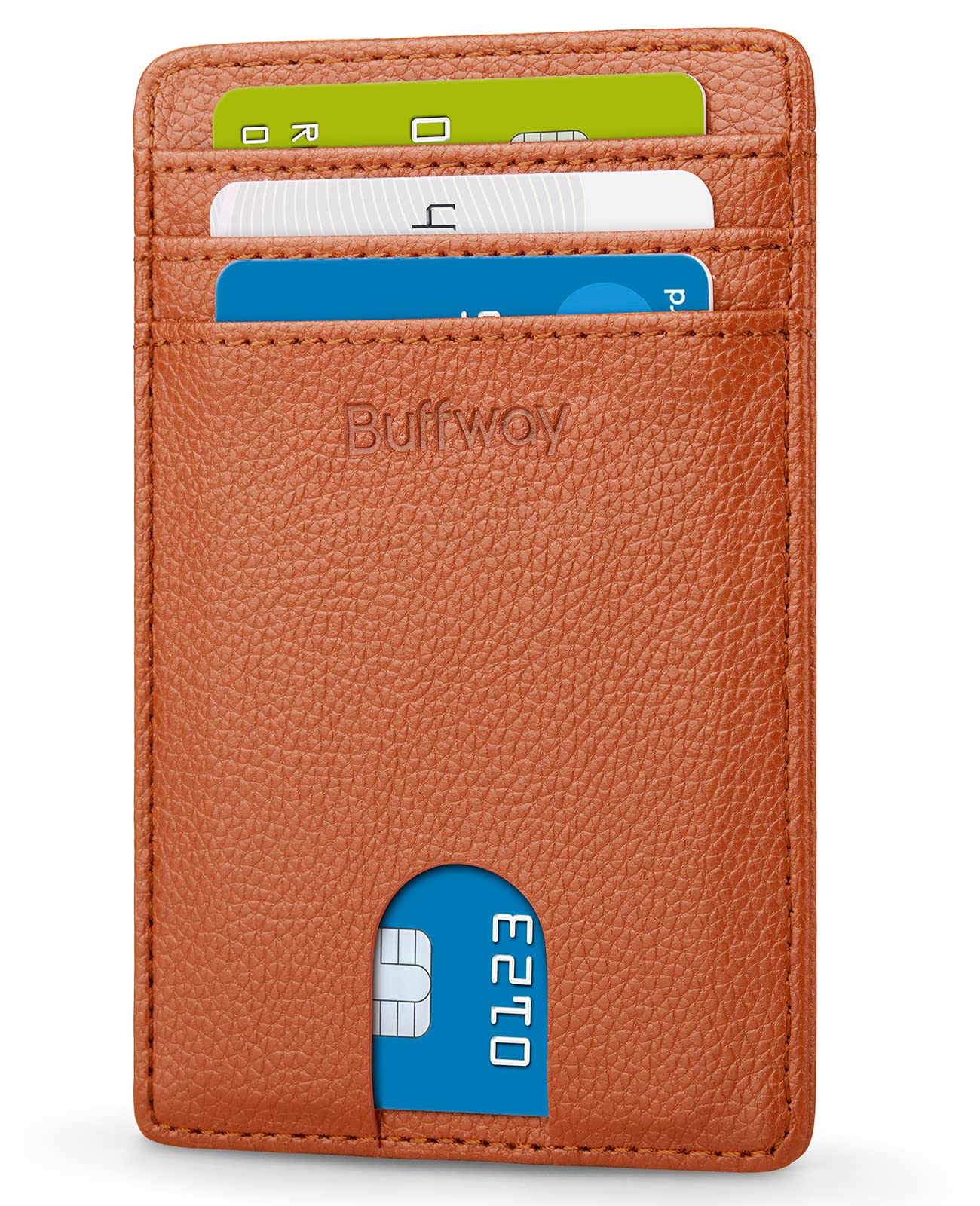 Buffway Mens Slim Wallet, Minimalist Thin Front Pocket Leather Credit Card Holder with RFID Blocking for Work Travel - Chicago Light Brown