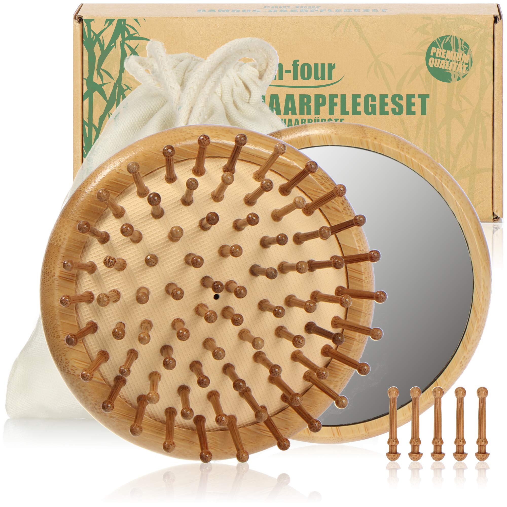 COM-FOUR® 2-piece premium hair care set, detangler hairbrush made of bamboo and a small hairdressing mirror, detangling brush against matted hair (2 parts - Tangle brush + mirror)