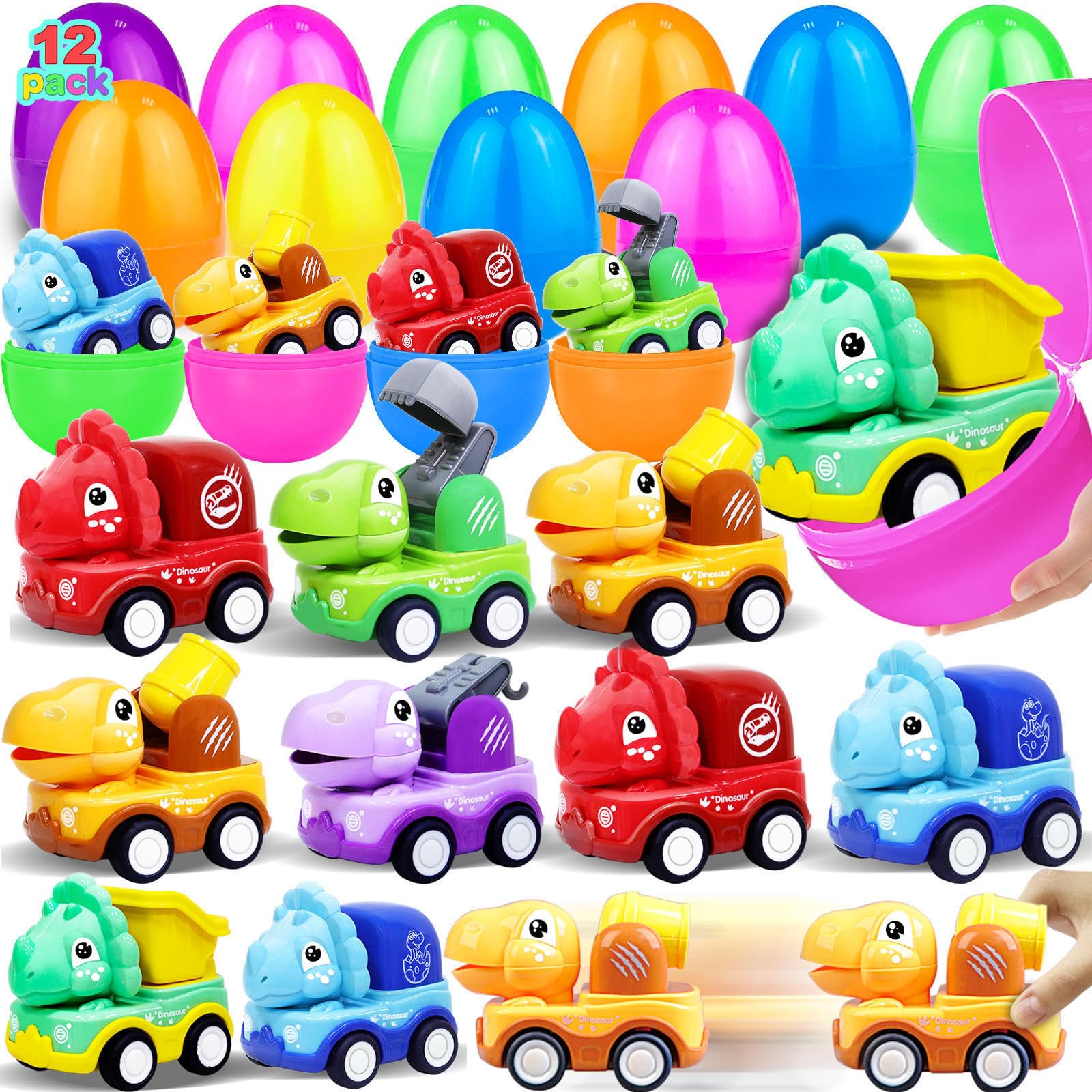 12 Pack 3.8" Jumbo Easter Eggs Filled with Dinosaur Pull Back Construction Vehicles for Kids Toddlers Boys Girls Teens Easter Basket Stuffers Fillers Hunt Classroom Prize Supplies Party Favors Gifts