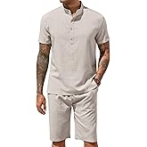 COOFANDY Men's 2 Pieces Set Short Sleeve Henley Shirts and Shorts Pants Texture Summer Beach Vacation Outfits