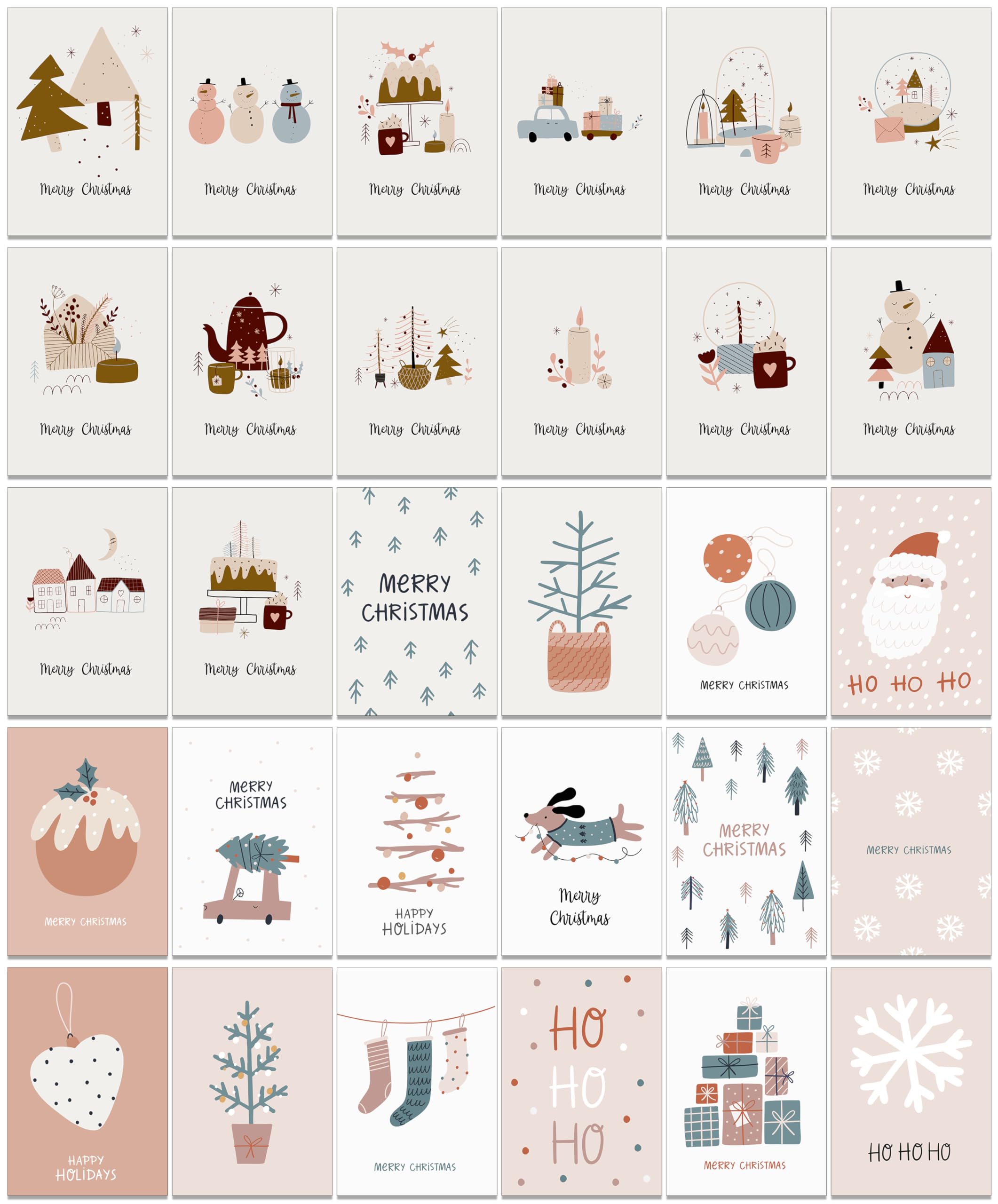30 Boho Simple and Classic Christmas Cards with Recycled Kraft Brown Envelopes (Set 3)