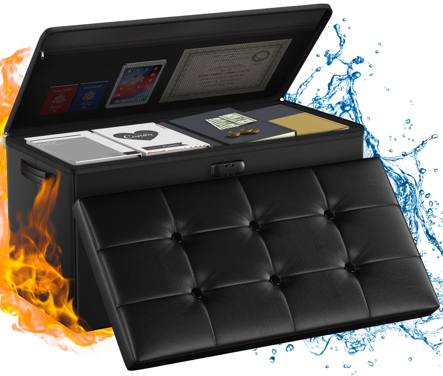 Photo 1 of ENGPOW Storage Ottoman Bench,Fireproof Folding Bench with Lock,30 Inches Fire?Water Resistant Storage Chest Foot Rest Stool Leather Bedroom Bench with Storage Safe for Document,Valuables,Black