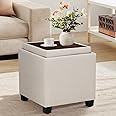 COLAMY Fabric Square Storage Ottoman with Reversible Tray Lid – Multi-Functional Footrest, Hidden Storage, Sturdy & Stylish Small Coffee Table for Living Room, Bedroom, or Entryway(Beige)