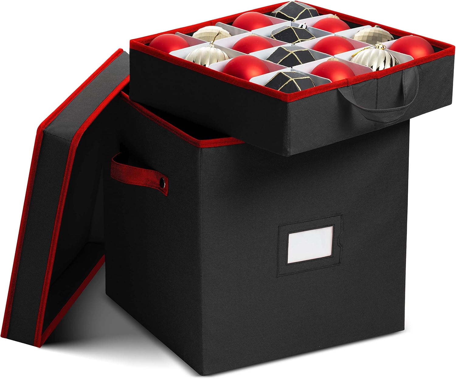 Holiday Décor Storage - ZOBER Christmas Ornament Storage Box - Stores 64 Ornaments - Non-Woven, Tear- Proof Christmas Ornament Storage Containers - 3 Inch Cube Compartments - Black
