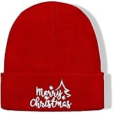 Waldeal Christmas Beanie Hat for Men Women, Knit Cuffed Warm Embroidered Merry Christmas Winter Cap for Holiday Party, Red