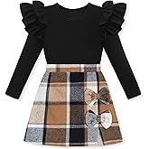 KISSB Girls Clothes Long Sleeve Ruffle Sleeve Top and Plaid Skirt Set Fall Winter Girls Outfits 5-12Y