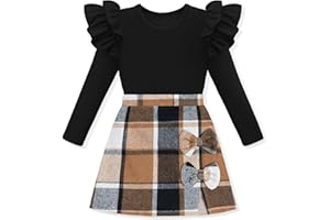 KISSB Girls Clothes Long Sleeve Ruffle Sleeve Top and Plaid Skirt Set Fall Winter Girls Outfits 5-12Y