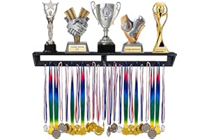 LAVIEVERT Gymnastic Medal Hanger with Storage Shelf, Wooden Wall-Mounted Trophy Shelf, Race Medal Display Rack Holder with 23 Hanging Bars