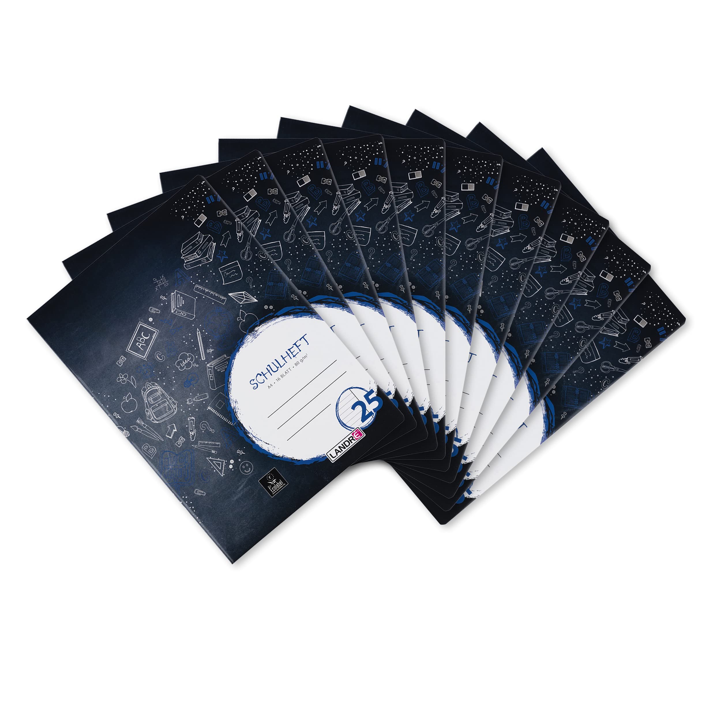 Landre 100050039 School Notepad A4 16 Sheets Line Style 25 (Lined/Margin 80 g/m² Fine Wood- Paper Pack of 10, 3 Assorted Designs