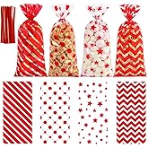 QOIUSO Red Valentines Cellophane Treat Bags - 100PCS Clear Goodie Bags with 110 Twist Ties - Plastic Candy Cookie Gift Bag for Valentines Weddings Birthday Baby Shower Party Favor Supplies