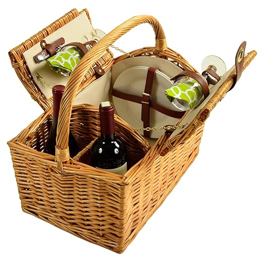 Picnic at Ascot Vineyard Willow Picnic Basket, Natural/Trellis Green