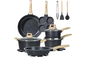 GiPP Ceramic Pots and Pans Set Non Stick - 17 Pcs Nonstick Cookware Set, Non-Toxic Healthy Kitchen Cooking w/Frying Pans, Dis
