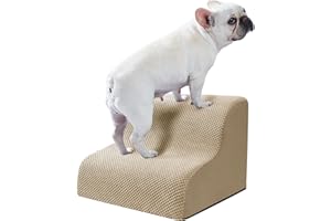 Ryoizen Dog Stairs for Small Pets, 2 Tiers Steps for Bed Couch up to 14'', High Density Foam Ramp Ladder for Puppy, Cat, Waterproof Non-Slip Pet Steps, Tan
