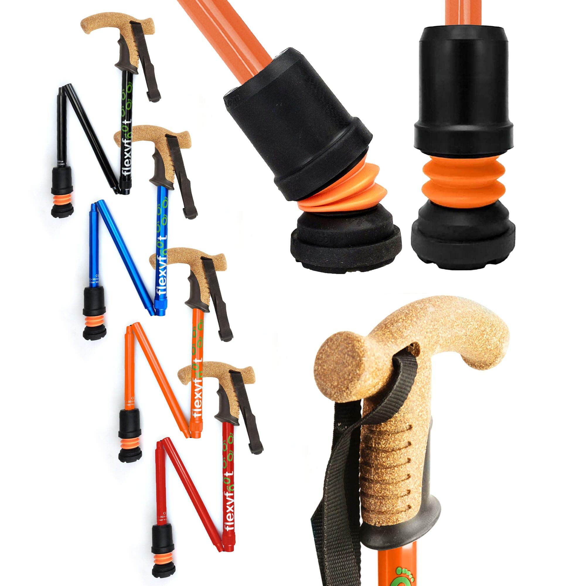 Flexyfoot Shock Absorbing Cork Handle Folding Walking Stick - Improved Comfort, Improved Grip, Improved Safety – Colour: Orange