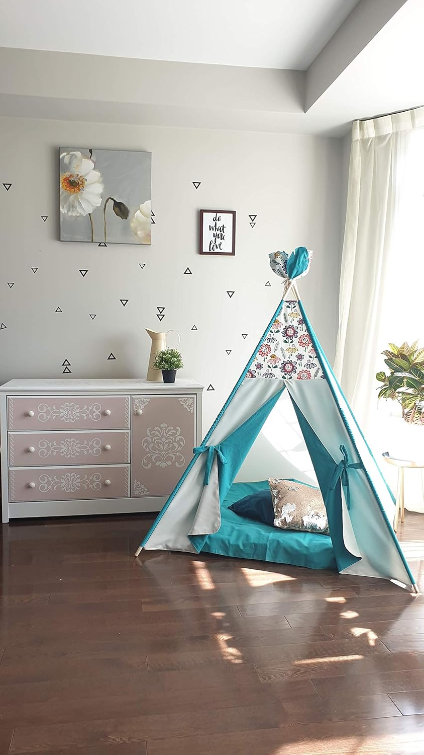 Amazon Com Kids Teepee Tent Flowers Turquoise Ivory Play