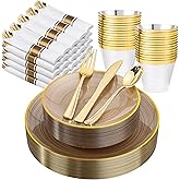Morejoy 175PCS Clear Brown Plastic Plates - Disposable Gold Party Plates & Pre Rolled Napkins with Cutlery for 25 Guests, 50Plates, 75Silverware, 25Cups, 25Napkin for Party & Christmas
