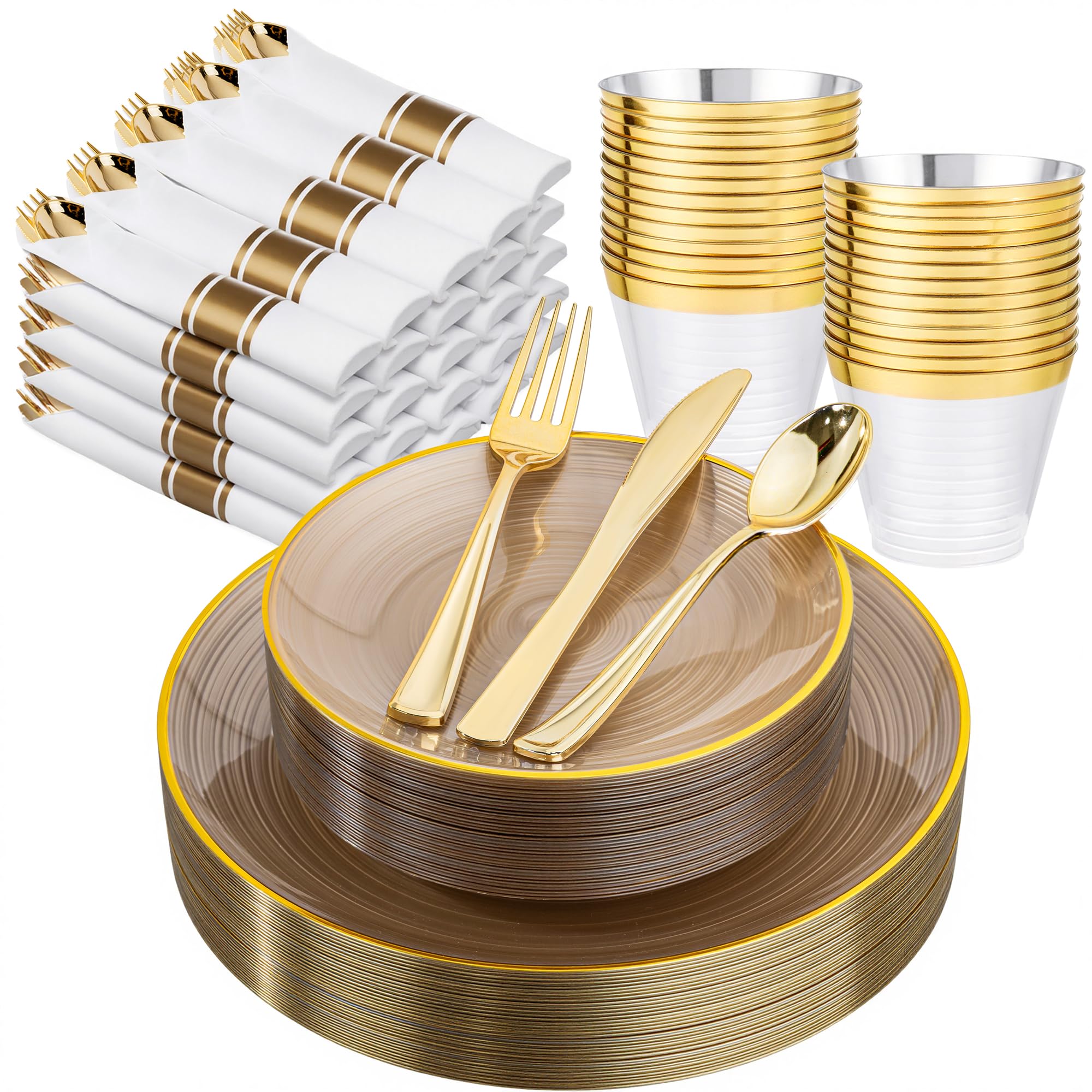 Morejoy 175PCS Clear Brown Plastic Plates - Disposable Gold Party Plates & Pre Rolled Napkins with Cutlery for 25 Guests, 50Plates, 75Silverware, 25Cups, 25Napkin for Party & Christmas Image