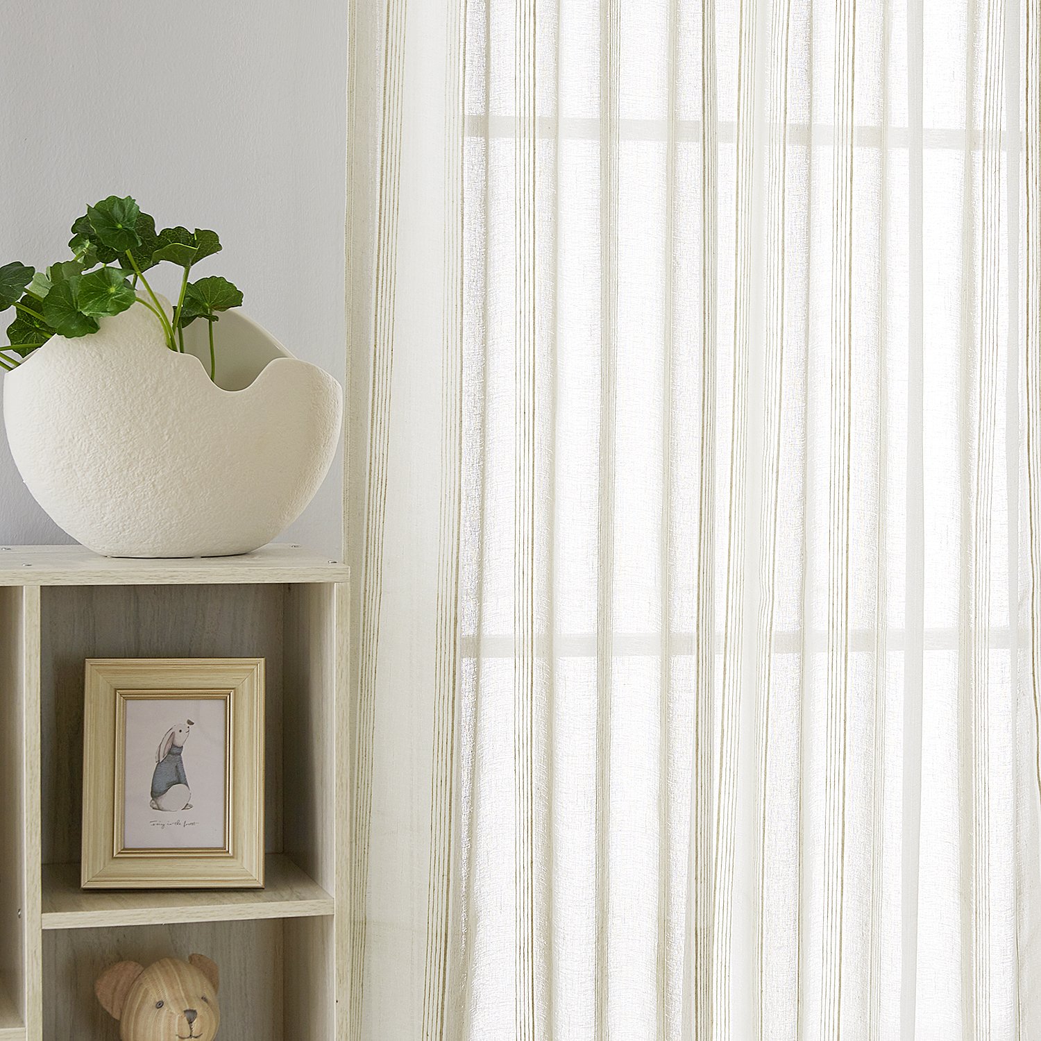 Voilages Cuisine Maison Deconovo Lot De 2 Rideau Voilage Salon Motif Rideaux Voile En Effet Lin A Oeillets De Fenetre Pour Chambre Decoration Voilages Rayure 140x175cm