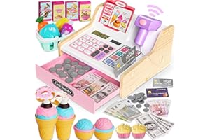 MAYSIDA Wooden Cash Register for Kids, Rechargeable Kids Cash Register with Scanner, Pretend Play Cash Register Toy with Fake Money, Food, Credit Card, Toddler Boys Girls Age 2-4 4-8, Pink