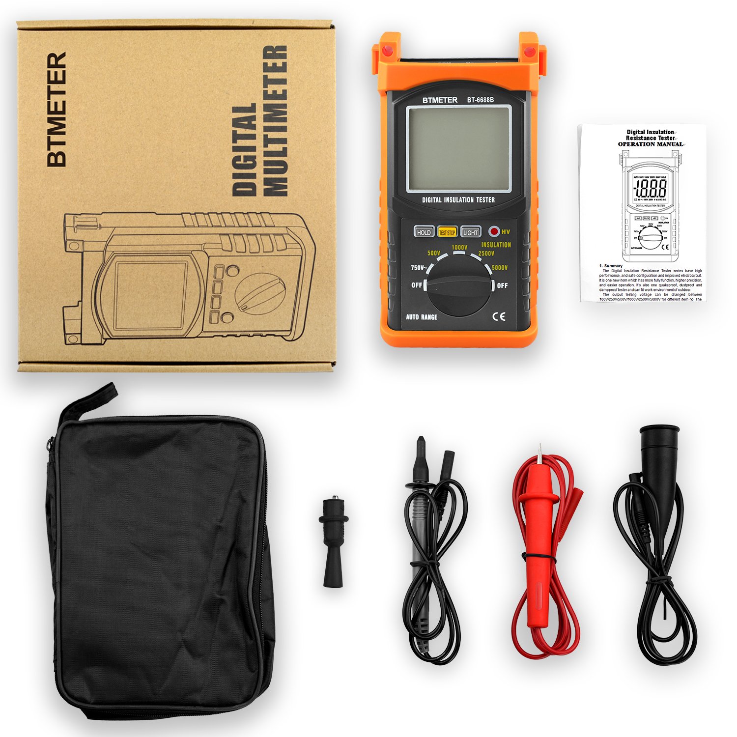 BTMETER Megohmmeter 200 Gig Ohm Digitaler Isolationswiderstandstester 1999 zählt, mit Automatischer Bereichswahl, 500V/1kV/2,5kV/5kV Prüfspannung, Datenspeicherung, Hintergrundbeleuchtung
