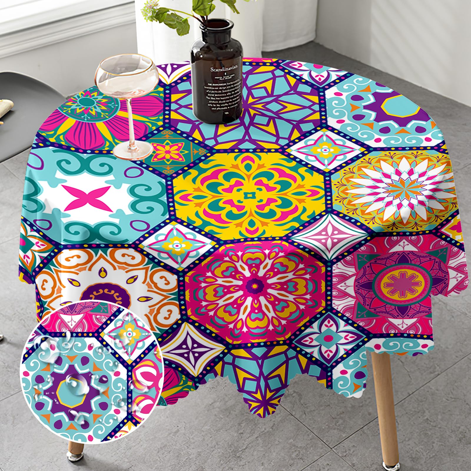 iEvery Round Tablecloth 150cm Morocco Tablecloths Polyester Wipe Clean Table Cloth Water Resistance Table Cover for Home Dining Kitchen Party Round 150cm(60in) — image 1