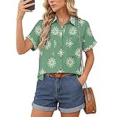 Button Down Shirt for Women Short Sleeve Blouses Dressy Casual Business Work Summer Vacation Tops Hawaii Shirts with Pockets