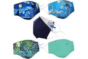 Lulu Starr New York 5PK Three Layer Cotton Cloth Mask with Filter Pocket, Nose Wire & Adjustable Ear Loops. Reusable Washable. 1 Black Mask + 4 Designer Print Masks