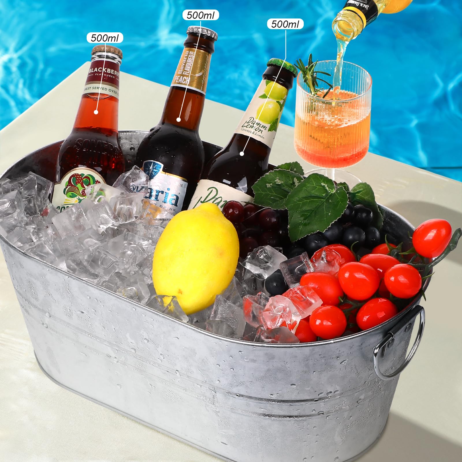 Galvanized Tub Beverage Tubs, 2pcs Metal Ice Buckets for Cocktail Bar 3 Gallon Wine Beer Drink Buckets with Handles Large Tub Cooler Mimosa Bar Supplies Ice Bucket for Parties 15x9x6inch(Galvanized)