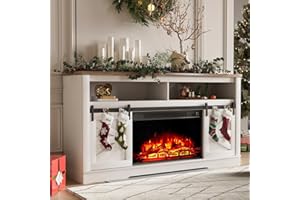 YESHOMY Fireplace TV Stand for Television up to 65+ Inch with Storage and Farmhouse Sliding Barn Doors, Entertainment Center with Cabinet and Shelves, Media Console for Living Room, White