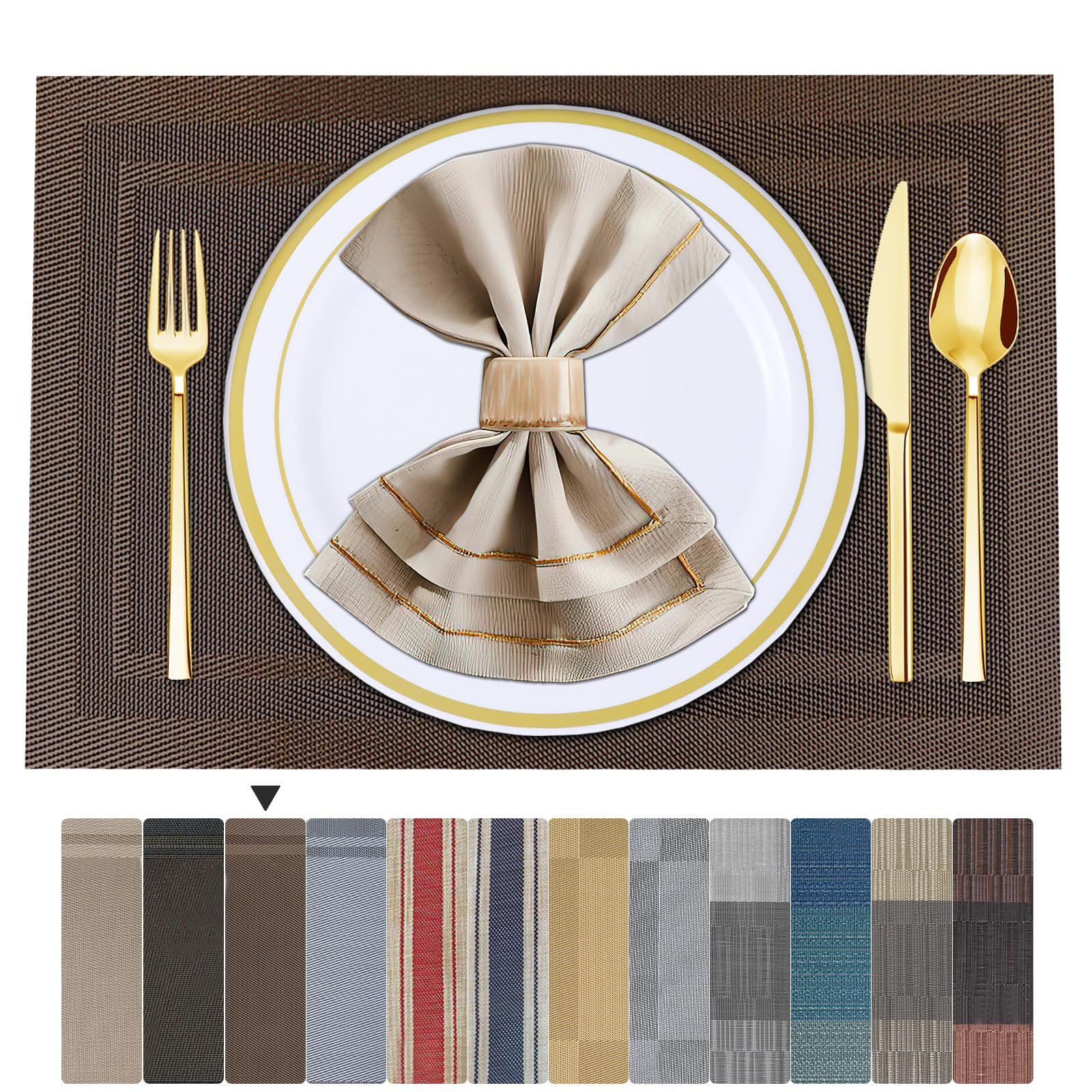 ARTAND Brown Table Mats Set of 4 Woven Vinyl Place Mats for Dinner Table - Washable & Durable Indoor/Outdoor Use - 4 Pcs,01 Brown