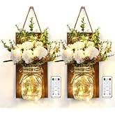 Lightess Mason Jar Wall Decor, Rustic Wall Sconces with Remote Control | Home Decor, LED Fairy Lights, Farmhouse Wall Decorations Lights, Set of Two, For Dining Room Living Room