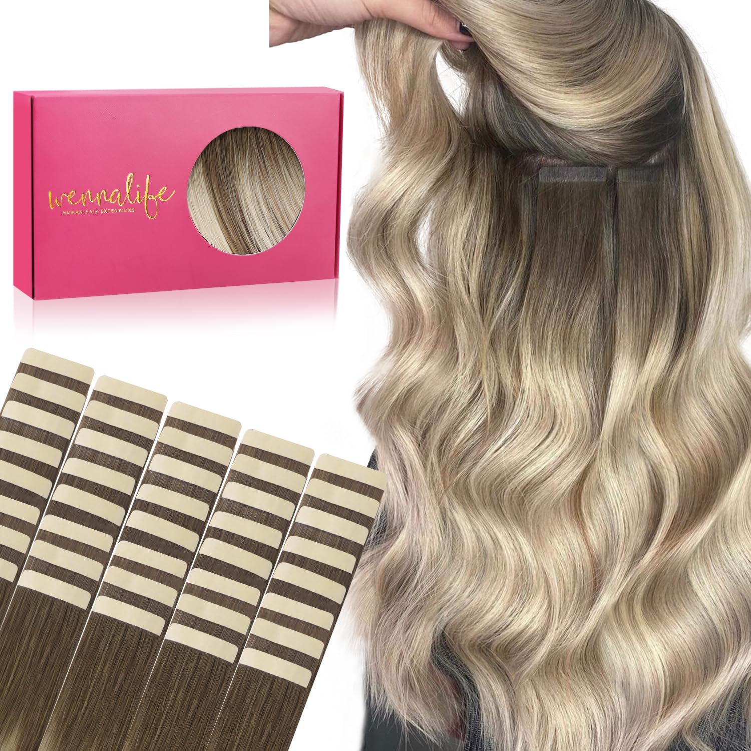 Photo 1 of WENNALIFE Tape in Hair Extensions Human Hair, 40pcs 100g 16 inch Ombre Sandy Brown to Platinum Blonde Extensions Real Human Natural Hair Straight Tape in Invisible Human Hair Extensions