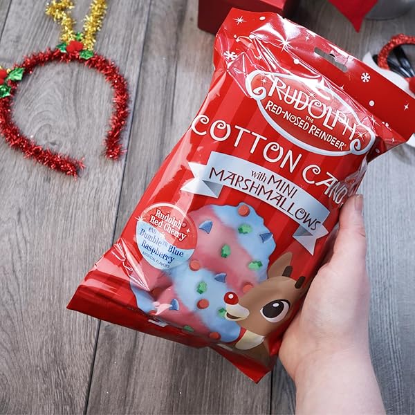 RUDOLPH THE RED NOSED REINDEER COTTON CANDY, CHERRY AND BLUE RASPBERRY FLAVORED WITH MINI MARSHMALLOWS, CHRISTMAS STOCKING STUFFERS, 3 OUNCES