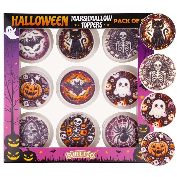 HALLOWEEN MARSHMALLOW TOPPERS, PERFECT HOT COCOA TOPPINGS OR DESSERT DECORATING CANDY, ASSORTED FESTIVE DESIGNS, 9 COUNT