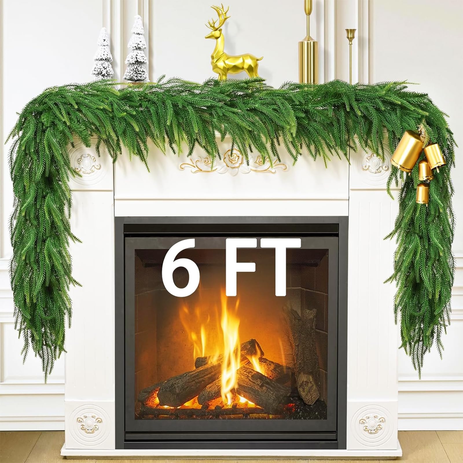 View 1 of 2 Pack 6 FT Christmas Garland Real Touch Norfolk Pine Garland Realistic, Christmas Faux Cedar Garland with Lights for Mantle Table Front Door Indoor Outdoor Holiday Christmas Decor