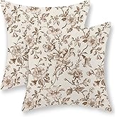 JEFERSO Brown Pillow Covers 22x22 Set of 2 Brown and Cream Chinoiserie Floral Decorative Throw Pillows Vintage Rustic Toile Flower Pillow Cases Outdoor Decor Linen Cushion Covers for Couch Sofa