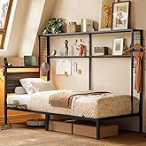VASAGLE Twin Size Metal Bed Frame with Headboard, Multifunctional Storage, Built-in LED Lights, Charging Station, Bookshelf, Bedside Shelf, Space-Saving, No Box Spring Needed, Ash Brown URMB963K01