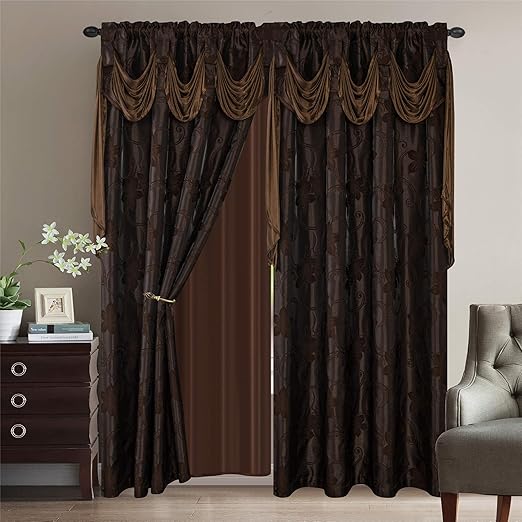 Amazon Com Jacquard Floral Pattern Curtain Set 2 Panel Chocolate