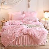HAIHUA Fluffy Pink Comforter Cover Queen Set, Soft Furry Shaggy Pink Bedding Queen Set 3 Pieces (1 Fuzzy Duvet Cover + 2 Faux Fur Pillow Cases) Fluffy Bed Set, Zipper Closure