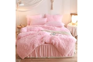 HAIHUA Fluffy Pink Comforter Cover Twin Set, Fuzzy Pink Girls Twin Bedding Set 2 Pieces (1 Plush Duvet Cover + 1 Furry Plush Pillow Cases) Girls Shaggy Bed Set, Zipper Closure