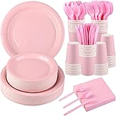 Kochorie 350 Pcs Pink Paper Dinnerware Set, 7 & 9 Inch Disposable Pink Dessert Plates Cups Napkins Cutlery Party Supplies for Birthday Wedding Baby Shower Party Decoration, Serve 50