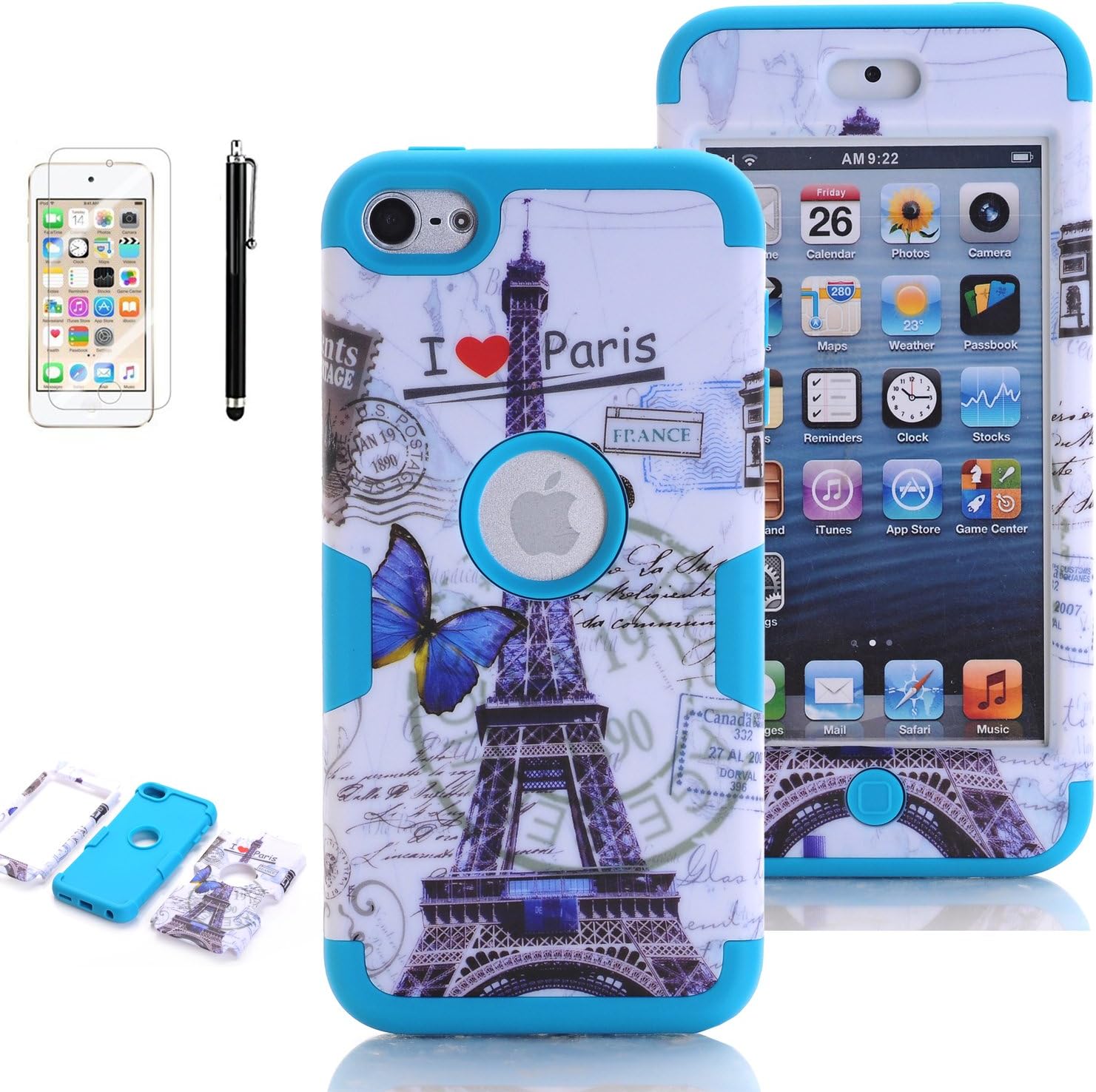 iPod Touch 5th Generation Case, iPod Touch 6 Cases for Girls, VODICO 3 Layer Impact Resistant Hybrid Soft Silicone Hard Plastic Protective Case Cover with Screen Protector+Stylus (Paris Blue)
