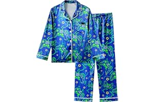 Fiodrimy Boys Pajamas Silky Satin Big Boys PJs Set 2 Piece Sleepwear Button Down Kids Jammies Loungewear Clothes Size 8-14