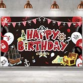Pirate Decorations Banner & Backdrop - Happy Birthday Themed Wall Supplies for Treasure Hunt Party - 70.8 x 43.3 in