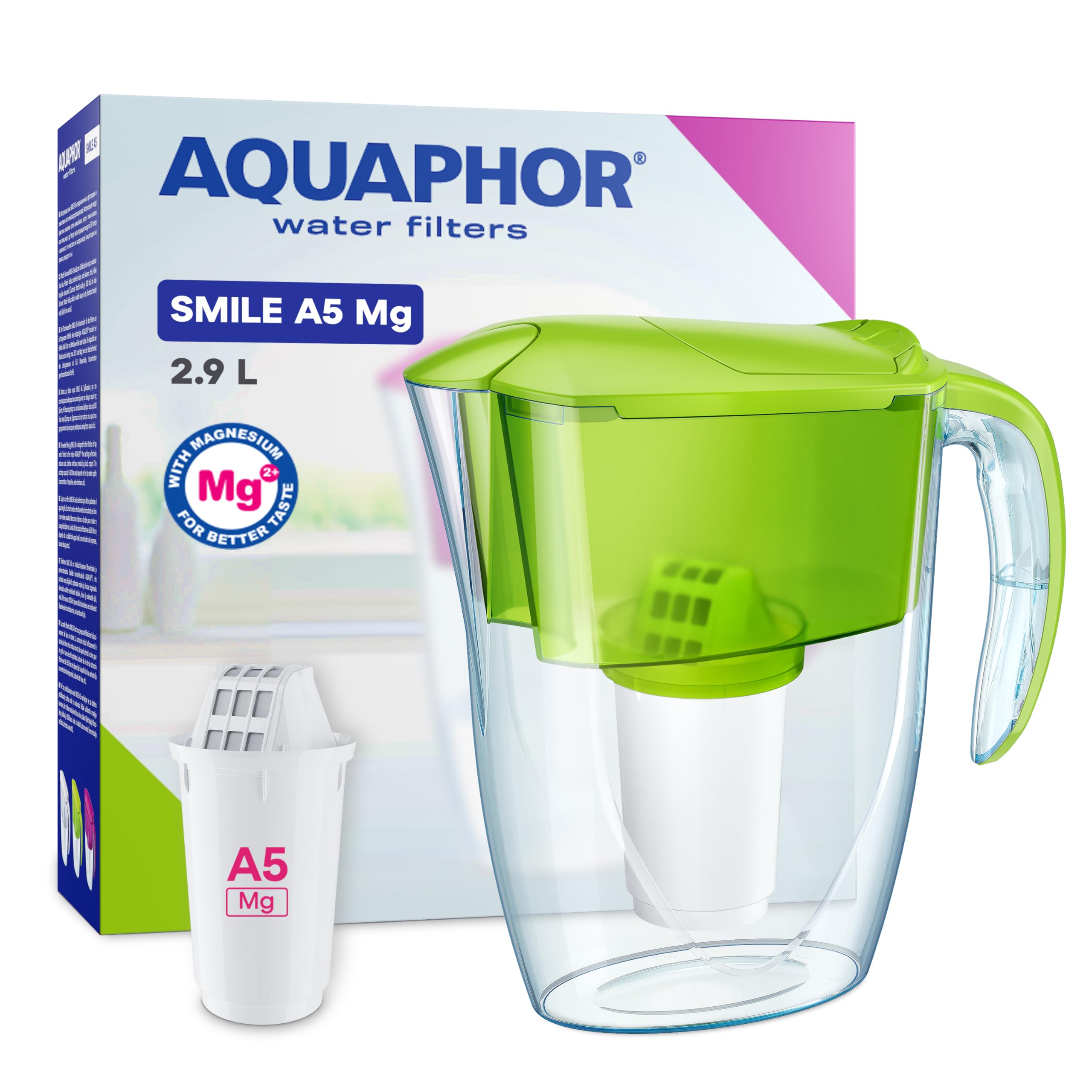 AQUAPHOR Smile Water Filter Jug - 2.9L, Fits Fridge Doors, Lightweight, Space-saving, Includes 1 x A5 350L Filter with added Magnesium, Reduces Limescale, Chlorine, Microplastics - Green